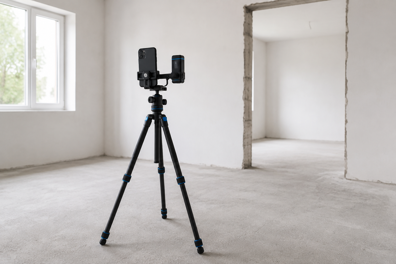 Illustrative phone and laser meter mounted together on a tripod in a bright unfinished room